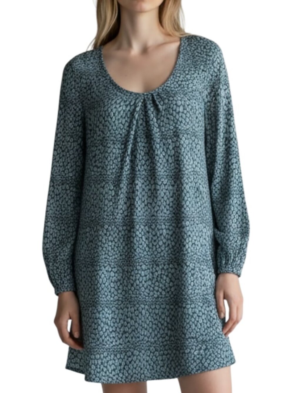 BB Dakota Gray Feather Print Shift Dress Long Sleeve Scoop Neck Size M